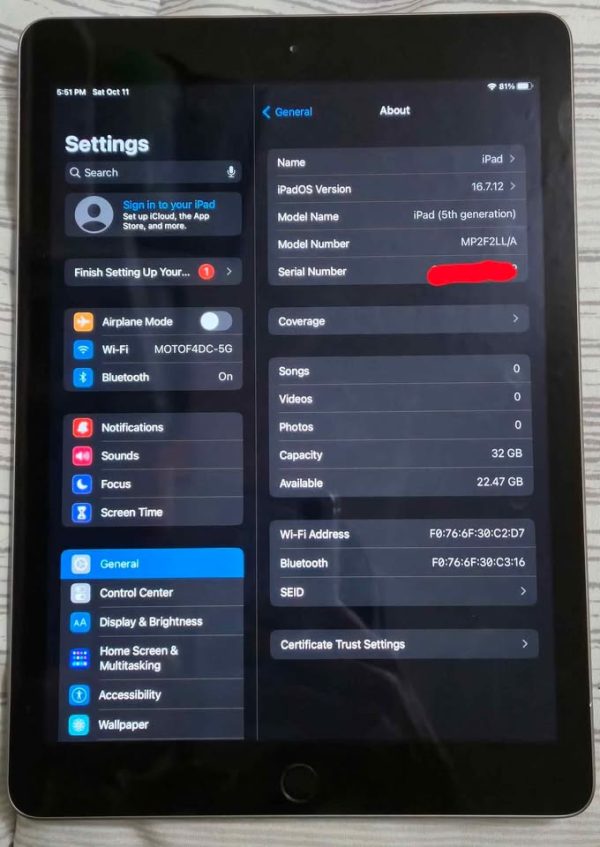 iPad 5 Gen (IOS 16.7.12) 32gb WiFi