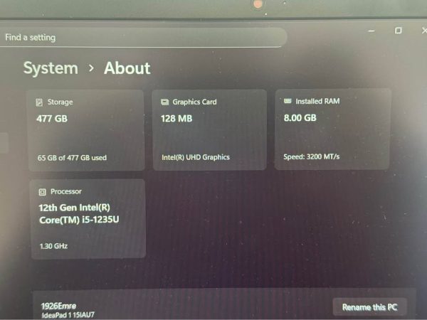 Lenovo Laptop 15.6” Intel Core i5 8GB 512SSD