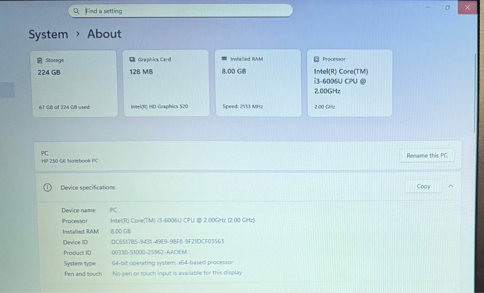 HP 250 G6 Laptop 15.6 inch with Intel i3 6006U, 240GB SSD, 8GB RAM, Windows 11 Pro 1 HP 250 G6 Laptop 15.6 inch with Intel i3 6006U, 240GB SSD, 8GB RAM, Windows 11 Pro