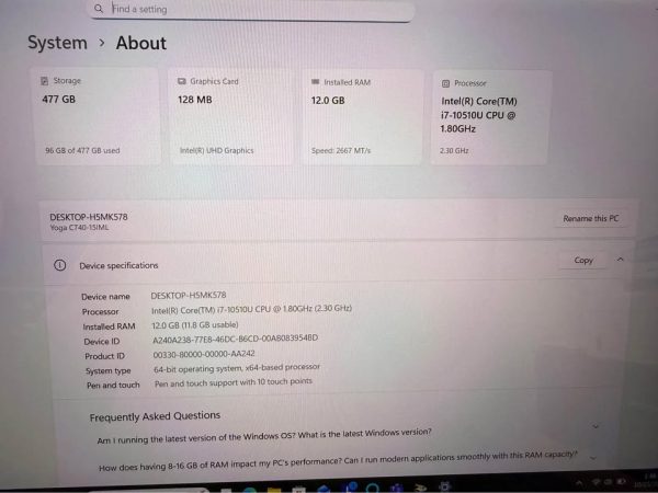 LENOVO YOGA LAPTOP i7, 512GB SSD, 12GB RAM TOUCH SCREEN