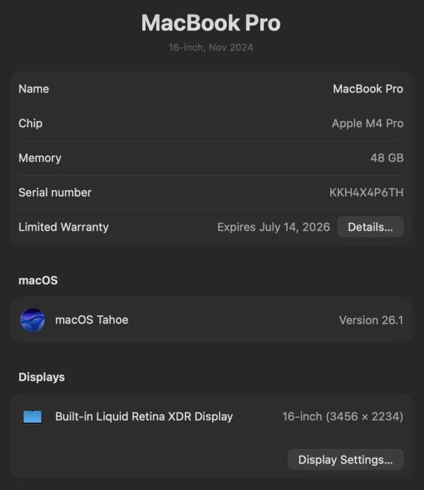 16-inch M4 MacBook Pro (48GB RAM / M4 Pro) - Space Black LIKE NEW - 100% Battery Health